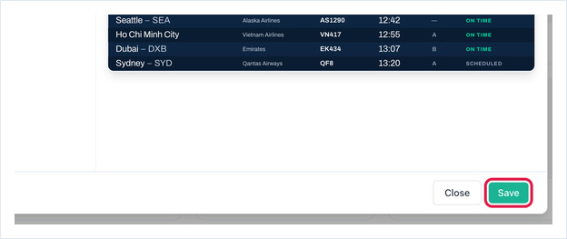 Flight Schedule dialog footer with the Save button highlighted