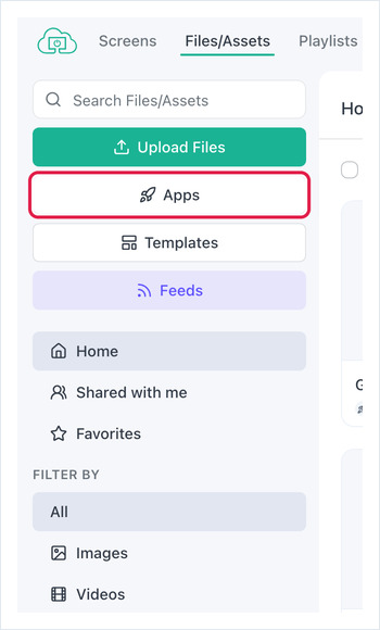Files/Assets sidebar with the Apps button highlighted