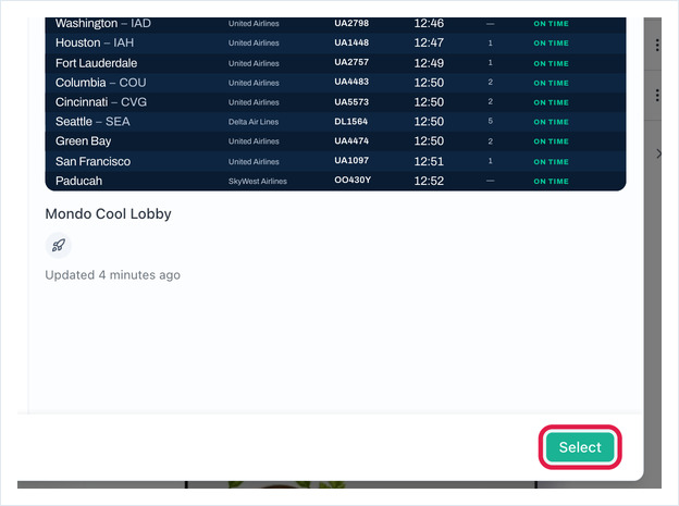 Select Asset dialog with the Flight Schedule asset chosen and Select highlighted
