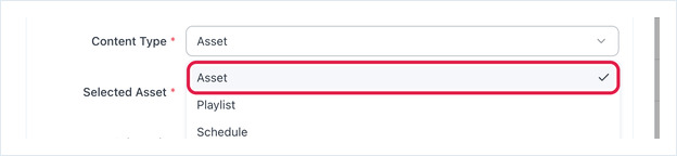 Edit Screen dialog with the Content Type list open and Asset highlighted