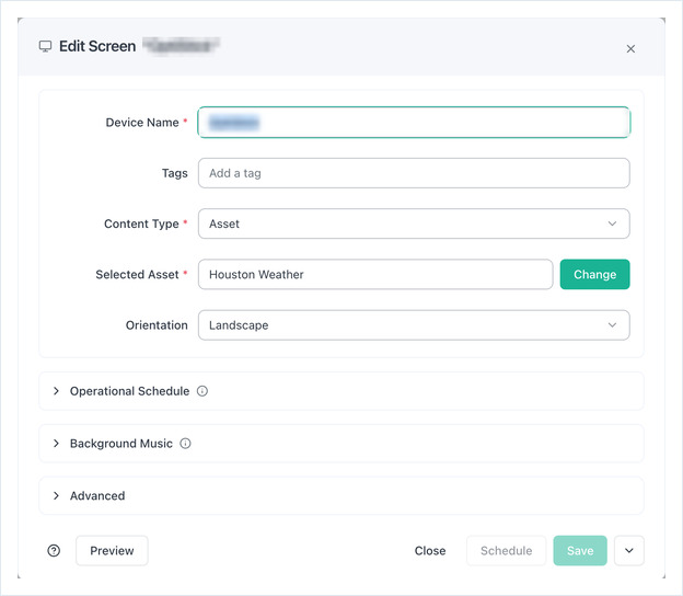 Edit Screen dialog showing Device Name, Content Type, Selected Asset and Orientation