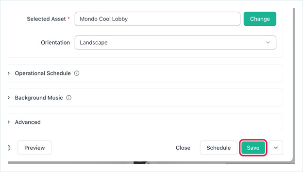 Edit Screen dialog with the flight board as Selected Asset and Save enabled