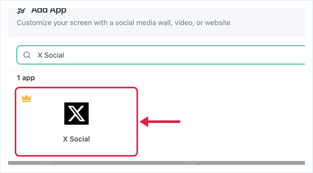 Add App dialog searched for X Social, with an arrow pointing to the X Social app card