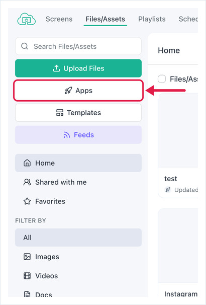 Files/Assets sidebar with an arrow pointing to the Apps button