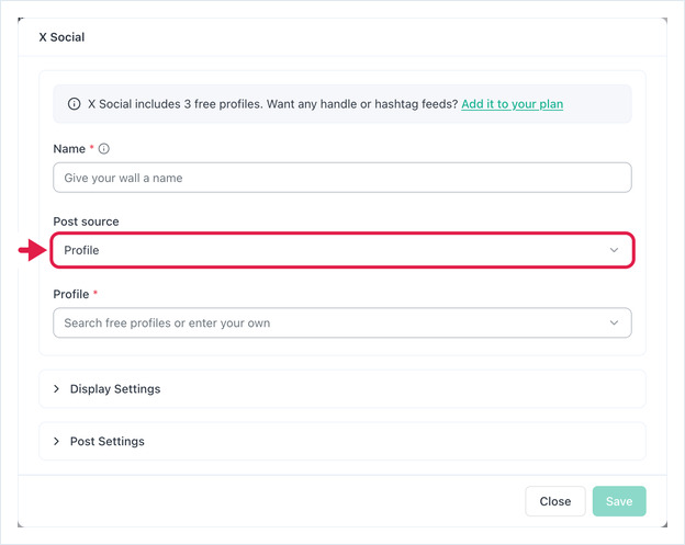 X Social dialog with Name, Post source and Profile fields, arrow pointing to Post source