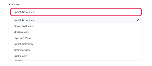 Display Mode dropdown open, listing Social Kiosk, Single Post, Modern, Flip Card, Social Wall, Timeline and Bricks views