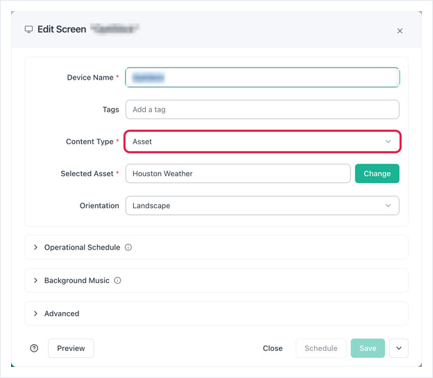Edit Screen dialog with the Content Type field highlighted, above Selected Asset and Change