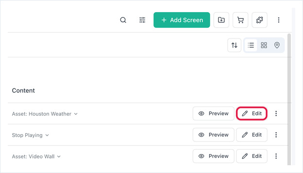 Screens list with the Edit button highlighted on the first screen's row