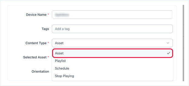 Content Type dropdown open in Edit Screen, Asset option highlighted