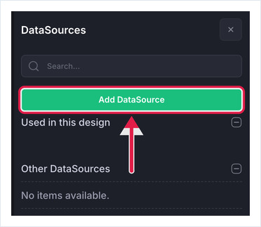 DataSources panel in Designer with the Add DataSource button highlighted