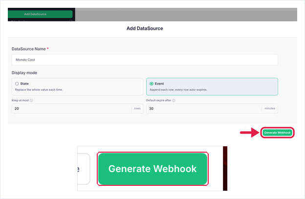 Add DataSource form with a name, Event mode, Keep at most and Default expire after, and the Generate Webhook button