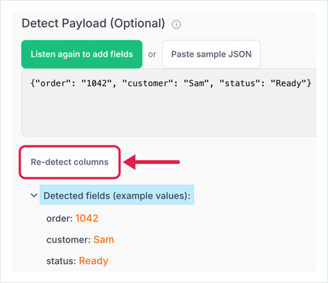 Detect Payload with sample JSON pasted and the detected fields order, customer and status listed