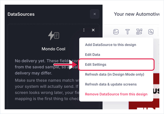 Inbound Webhook DataSource card with its menu open and Edit Settings highlighted