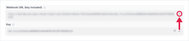 Generated Webhook URL and Key, blurred, with the URL copy icon highlighted
