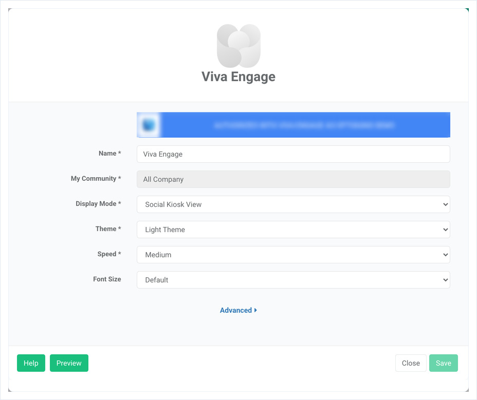 Configurações do Viva Engage: nome, comunidade, modo de exibição, tema, velocidade, fonte e Avançado
