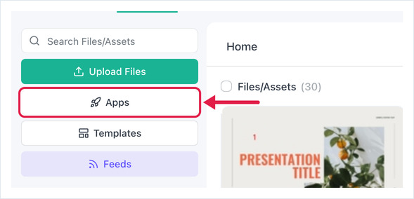 OptiSigns Files/Assets page with the Apps button highlighted in the left panel
