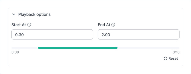 Playback options with Start At set to 0:30 and End At set to 2:00, the bar highlighting that part of the video