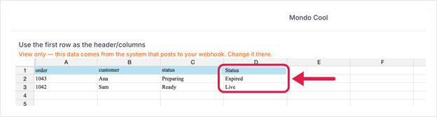 Edit Data grid for a webhook DataSource with a Status column showing one Expired row and one Live row