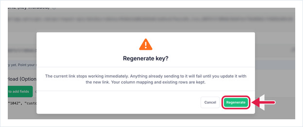 Regenerate key confirmation dialog warning that the current link stops working, with the Regenerate button