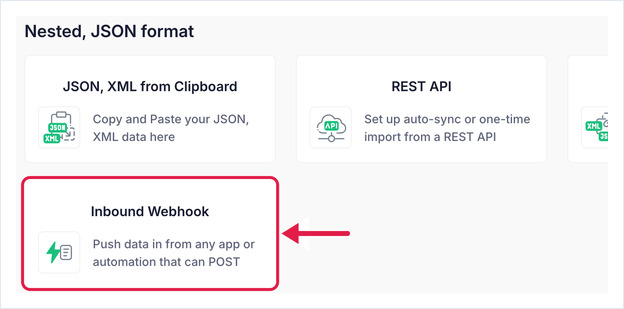 Add DataSource picker with the Inbound Webhook card under Nested, JSON format highlighted