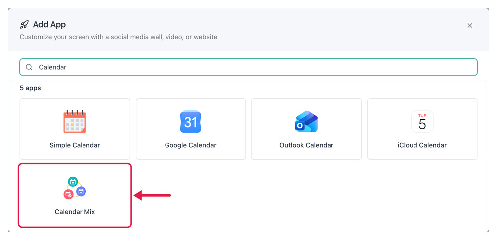 Diálogo Añadir aplicación filtrado por aplicaciones de calendario, con Calendar Mix resaltado