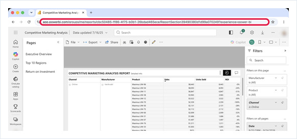 Power BI report open in the browser with the address-bar URL highlighted