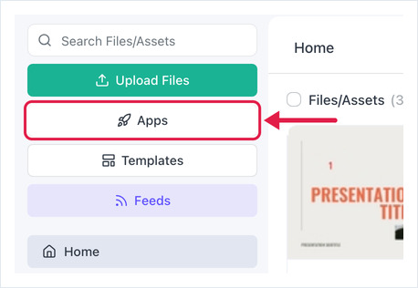 OptiSigns Files/Assets page with the Apps button highlighted