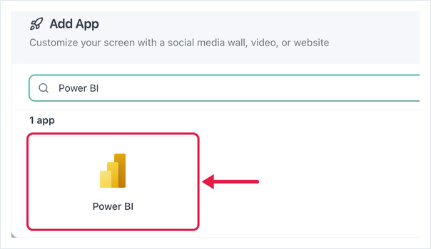 Apps dialog searched for Power BI with the Power BI app tile highlighted
