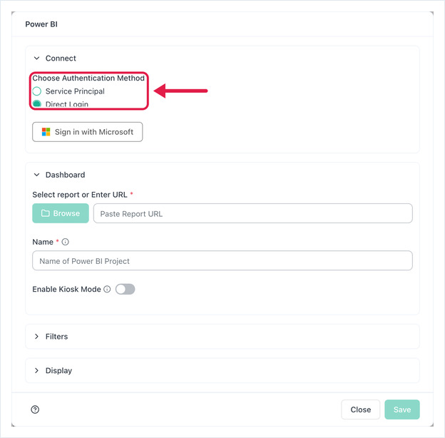 Power BI app setup dialog with the Choose Authentication Method option highlighted