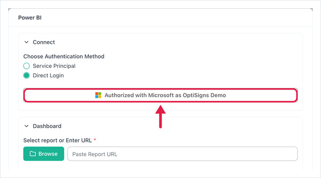 Button reading Authorized with Microsoft as OptiSigns Demo after signing in