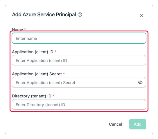 Add Azure Service Principal dialog with Name, client ID, client secret and tenant ID fields