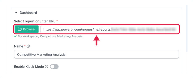 Power BI app with the report URL and name filled in from Browse