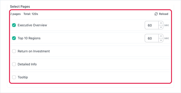 Select Pages list with two report pages ticked, each set to 60 seconds