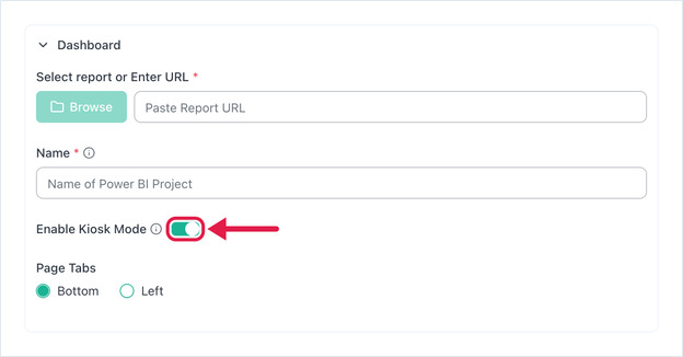 Enable Kiosk Mode switched on with the Page Tabs options Bottom and Left