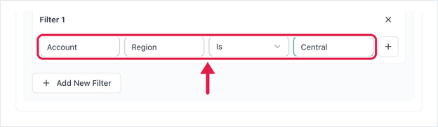 Filter row filled in with table Account, column Region, operator Is and value Central