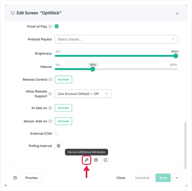 Edit Screen More options with the wrench icon and its Device Additional Attributes tooltip highlighted