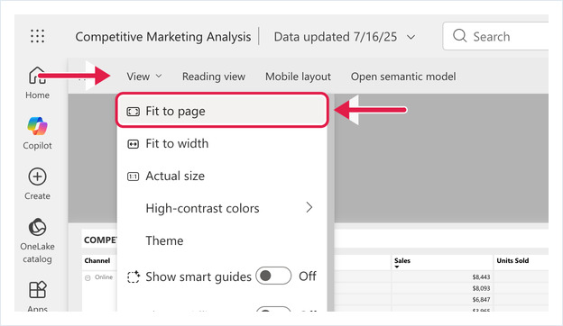 Power BI View menu in Edit mode with Fit to page highlighted
