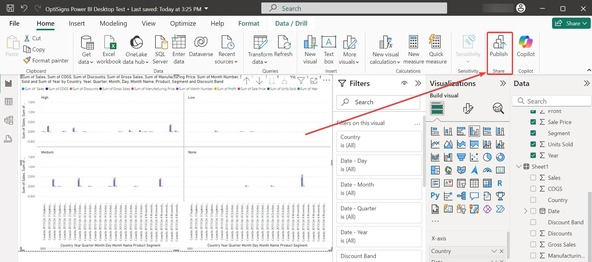 Power BI Desktop Home ribbon with the Publish button highlighted