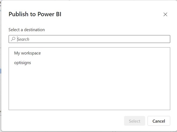 Publish to Power BI dialog for choosing a destination workspace