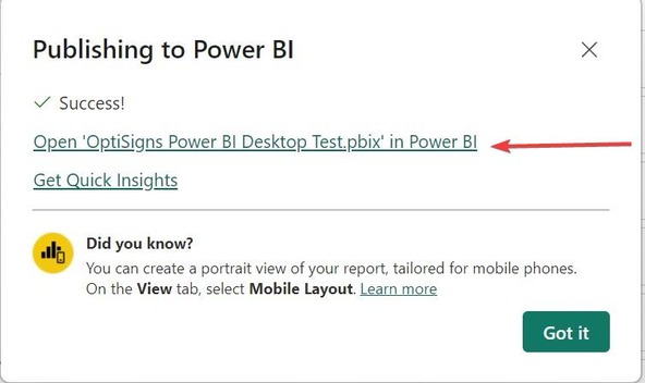 Power BI Desktop publish-success dialog with the Open in Power BI link highlighted