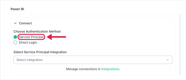 Service Principal selected with the Select Service Principal Integration picker