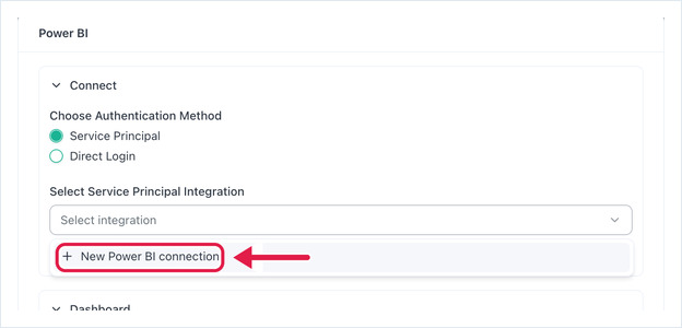 Service principal picker open with the New Power BI connection option highlighted