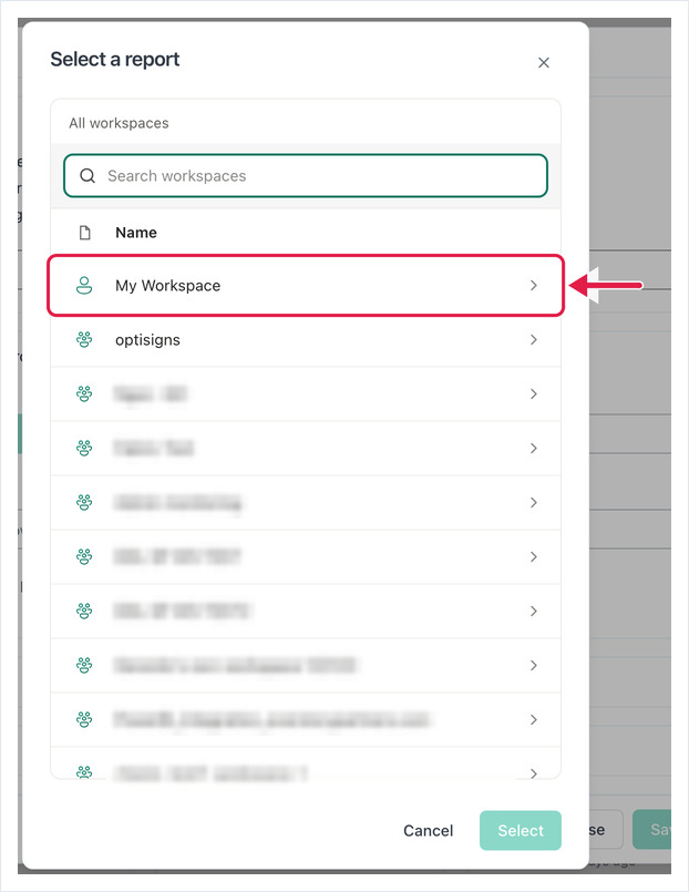 Select a report dialog listing Power BI workspaces with My Workspace highlighted