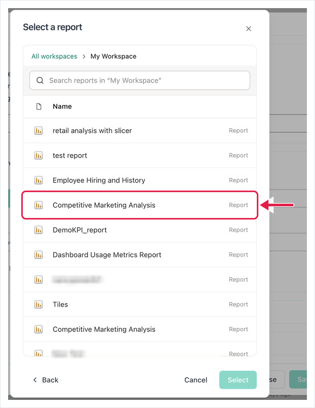 Reports in My Workspace with the Competitive Marketing Analysis report highlighted