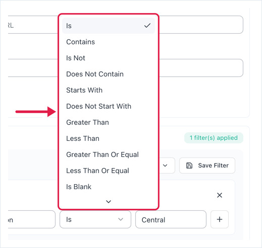 Filter operator dropdown listing Is, Contains, Starts With and other operators