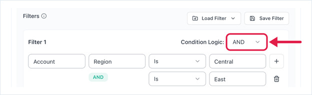 Second filter condition added with the Condition Logic AND/OR control highlighted
