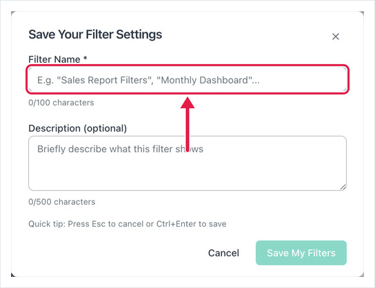 Save Your Filter Settings dialog with the Filter Name and Description fields
