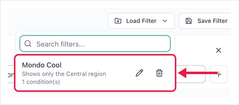 Load Filter dropdown listing a saved filter with its description, condition count, and edit and delete icons