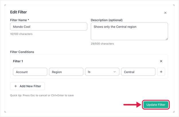 Edit Filter dialog showing the filter name, description and conditions, with the Update Filter button highlighted