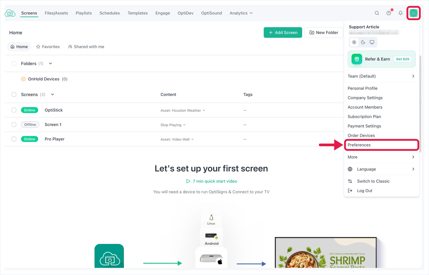 User menu opened from the avatar at top right, with Preferences highlighted